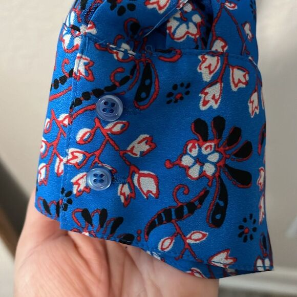 J. CREW FACTORY Blue Red & Black Floral Print Long Sleeve V-Neck Blouse, Size S - Picture 4 of 5